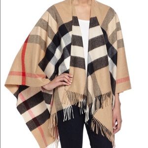 Burberry Check Cashmere & Wool Poncho Camel Color